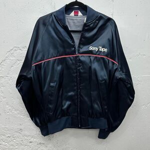 Vintage 80s Sony Tapes Dark Navy Blue Satin Bomber Jacket